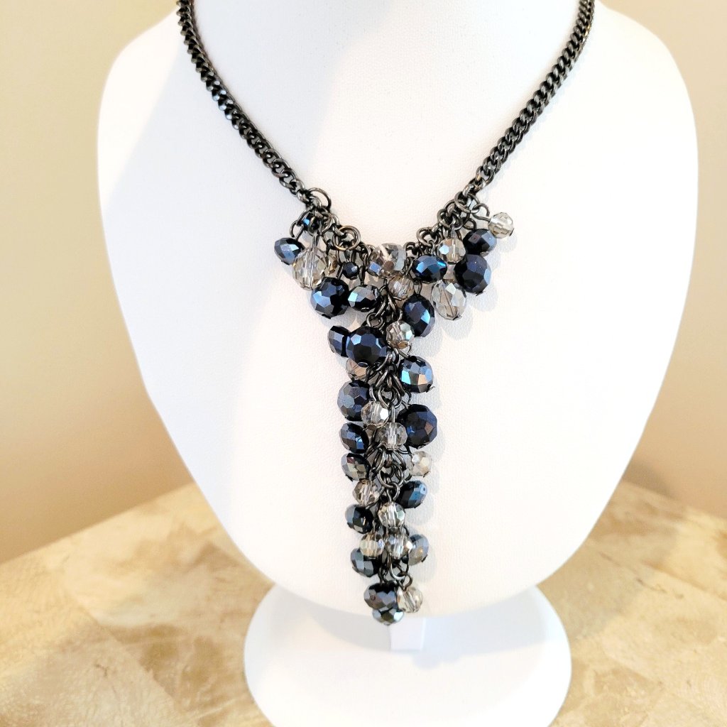 Kenneth Cole Waterfall Statement Necklace Gunmetal Chain With Faceted Beads 15$